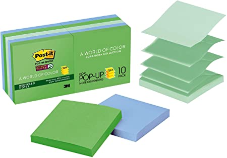 Post-it Super Sticky Pop-up Notes, 3 in x 3 in, 10 Pads, 2x the Sticking Power, Bora Bora Collection, Cool Colors (Green, Light Blue, Blue, Mint, Green), Recyclable (R330-10SST)