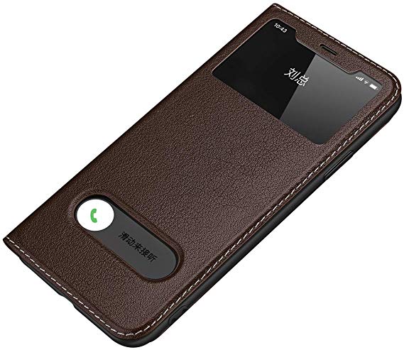 iPhone 11 Pro Max Genuine Leather Flip View Case Genuine Leather Cases [Premium Leather Wallet][Slim Fit][Window View] for iPhone 11 Pro max 6.5 inch (Brown, iPhone 11Pro Max 6.5inch)