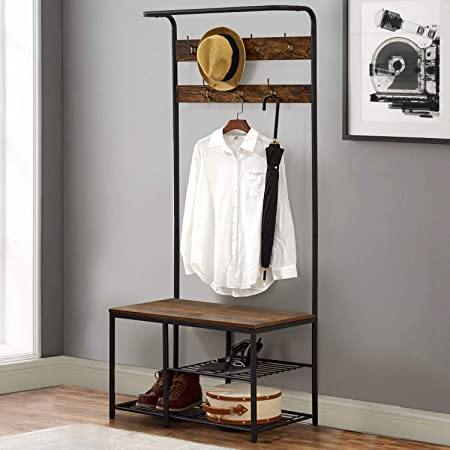 VECELO Industrial Coat Rack Hall Tree Entryway Shoe Bench,Storage Space Organizer,Accent Furniture with Metal Frame,3 in 1 Design, Easy Assembaly,Rustic Brown