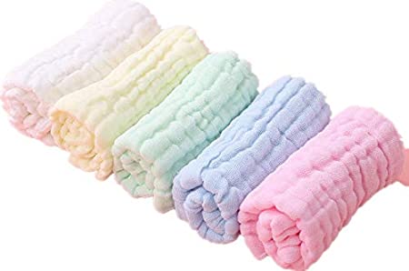 Baby Muslin Washcloths, Premium Natural Cotton Face Cloths, Super Soft Baby Wipes and Cotton Washcloth for Delicate Skin, Boys or Girls Multicolored Cotton Face Towels