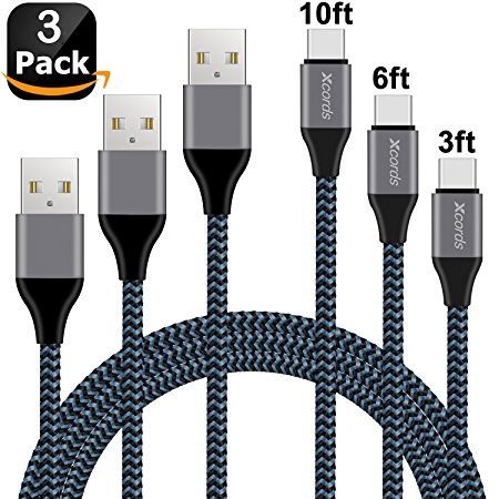 USB C Cable, Xcords 3Pack 3FT 6FT 10FT USB A to USB C Fast Charger Cable for Galaxy S9,S9 Plus,S8,S8 Plus, LG G5 G6 V30, HTC 10, Nexus 5X/6P,Google Pixel XL(BlueBlack)