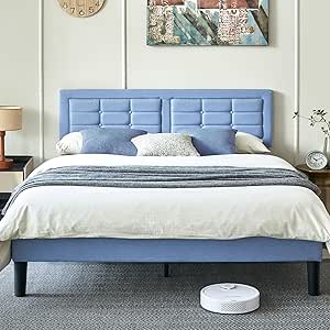 VECELO Queen Size Bed Frame with Adjustable Headboard, Upholstered Button Tufted Platform Bedframe with Wood Slats Support, No Box Spring Needed, Light Blue