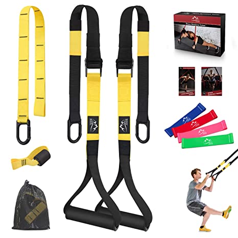 JDDZ Bodyweight Resistance Training Straps, Complete Workout Straps Fitness Trainer kit Included Door Anchor, Extension Strap, 16 Week Program, Fitness Guide, 4 Exercise Loop Bands