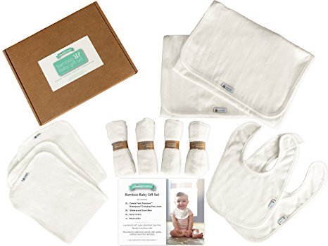 BAMBOO BABY GIFT SET. Changing Pad Liners, Bibs, Burp Cloths & Washcloths in a charming, gift ready box. Beautiful and functional, baby shower present one-stop shopping for this new parent necessity.