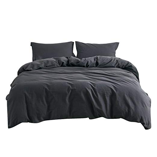 PHF Washed Linen Cotton Duvet Cover Set 3 Pieces Luxury Bedding Set Solid Color Queen Size Dark Grey