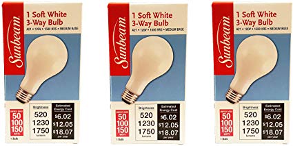 Set of 3 Sunbeam Soft White 3 Way Light Bulbs, 1500 Hours Watt (50/100/150) Lumen (520/1230/1750)