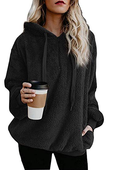 Long Sleeve 1/4 Zip Up Faux Fleece Pullover Hoodies Coat Tops Outwear with Pocket