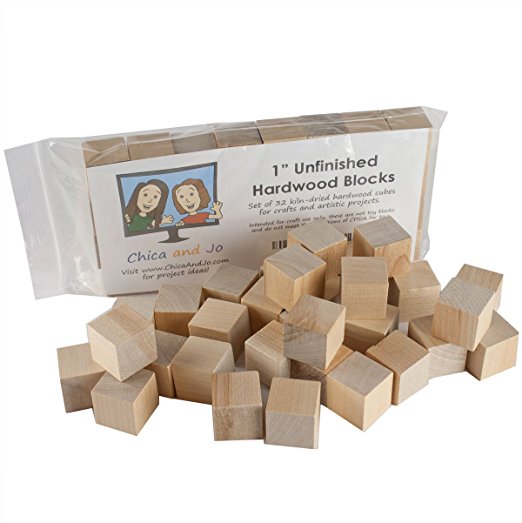 1" Natural Unfinished Hardwood Craft Wood Blocks By Chica and Jo - Set of 32 Wooden Cubes (1 inch)