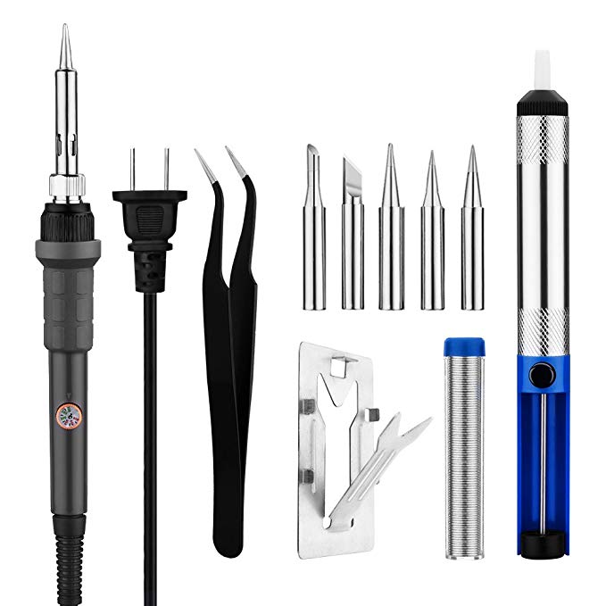 Soldering Iron, PICTEK 60w Adjustable Temperature Soldering Tool Kit with 5pcs Soldering Iron Tips, Soldering Iron Stand, Desoldering Pump, Anti-Static Tweezers, Solder Wire, for Welding Circuit Board