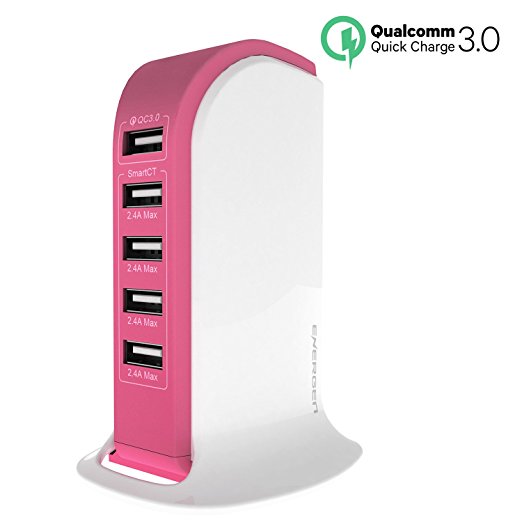 Energen QC 3.0 12.1A 66W 5-Port USB Desktop Charging Station, Qualcomm Quick Charge 3.0 USB Charger for iPhone, iPhone Plus, iPad, Smartphone and other USB Devices (5 Port - Pink)