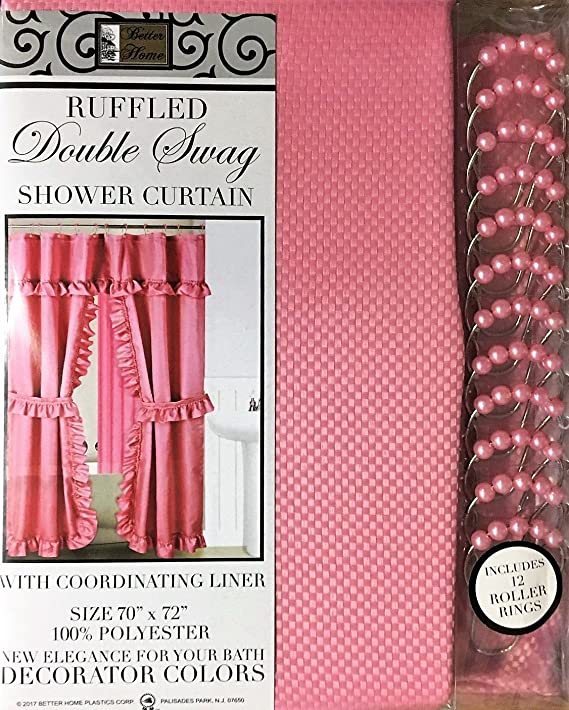 Better Home Mosaic Double Swag Fabric Shower Curtain /12 Coordinated Rolling Ring Hooks, 2 Tie Backs (Pink)