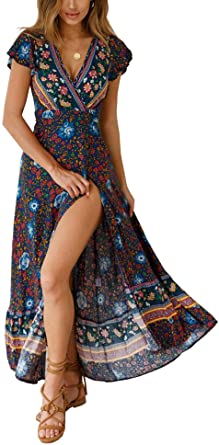 R.Vivimos Women's Summer Short Sleeve Floral Print Bohemian Beach Waist Tie Wrap Long Flowy Dress with Slit