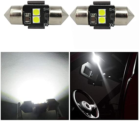 WLJH 28mm LED Festoon DE3021 DE3022 3030 Chip Bulb Canbus Error Free 300LM 6000K Extremely Bright Use for Dome Map Door License Plate Trunk Sunvisor Vanity Mirror Lights, Xenon White (Pack of 2)