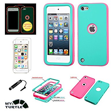 Apple iPod Touch 5th 6th Generation Case MyTurtle TM iPod Touch 5, Touch 6 Verge Shockproof Hybrid 3 Layer Hard Premium Silicone Shell Cover with Stylus Pen   Screen Protector (Teal Glowing Pink)