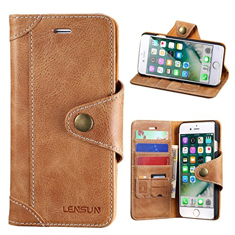 iPhone 8 case, iPhone 7 case, Lensun Genuine Leather Wallet Magnetic Flip Case Cover for Apple iPhone 7 / 8 - Brown (7G-GT-BN)