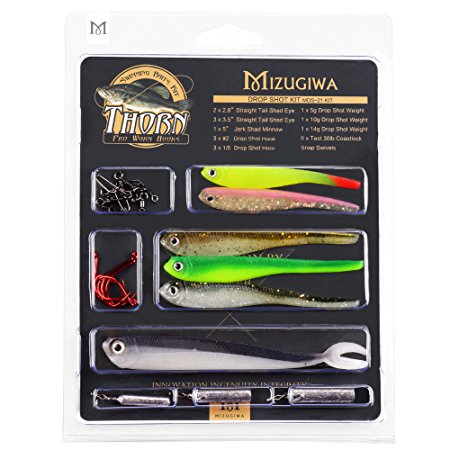 Mizugiwa Drop Shot Kit Include Soft Shad Minnow Bait, Hooks, Weight, For Bass, Perch Walley Fishing