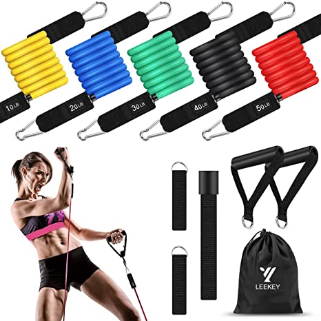 LEEKEY Resistance Bands Set Workout Bands (11pcs) 5 Different Level Stackable Exercise Bands with Door Anchor, Handles, Waterproof Carry Bag,Legs Ankle Straps for Home Workouts and Resistance Training