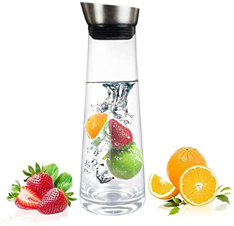 Water Carafe Classical Jug Juice Bottle with Stainless Steel Lid Borosilicate Glass Iced Tea Pitcher for Infusing Water, Milk, Juice, Iced Tea, Lemonade & Sparkling Beverages (1.5L)