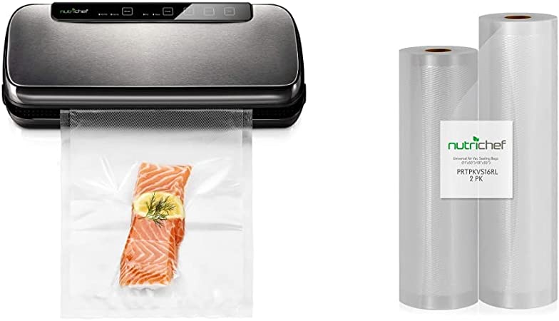 NutriChef PKVS Sealer | Automatic Vacuum Air Sealing System Preservation w/Starter Kit, 12", Stainless Steel & Vacuum Sealer Bags 11x50 and 8x50 Roll 2 pack for Food Saver, Seal a Meal