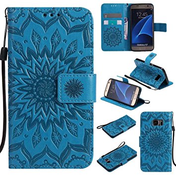 Galaxy S7 Case, KKEIKO® Galaxy S7 Flip Leather Case [with Free Tempered Glass Screen Protector], Shockproof Bumper Cover and Premium Wallet Case for Samsung Galaxy S7 (Blue)