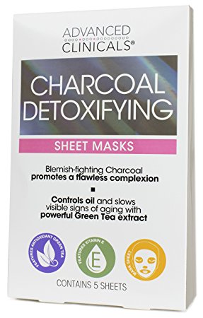 Advanced Clinicals Charcoal Sheet Mask for face with Hyaluronic Acid, Green Tea and Vitamin E. Detoxifying sheet mask Made in Korea. 5 per box.