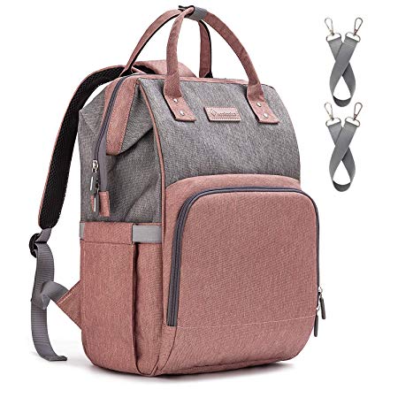 Upsimples Baby Changing Bag,Nappy Bags,Diaper Rucksack Backpack with USB Charging Port and 2 Stroller Straps for Mom and Dad（Pink&Gray）