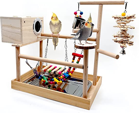 kathson Parrots Playstand Birds Perch Stand Play Gym Cockatiel Playpen with Chewing Toys Bridges Swings Food Bowl Parakeet Breeding Box for African Grey Conures Cockatoos