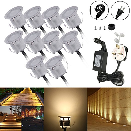 Docooler 10PCS 32mm Outdoor Waterproof LED Deck Light Kit Landscape Recessed Lighting for Step Stair Yard Garden Patio Warm White