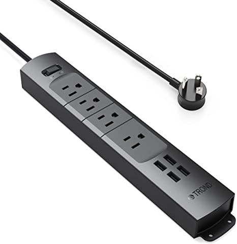 Power Strip with USB, TROND Surge Protector with 4 Outlets & 4 USB Ports, Flat Plug, 3ft Extension Cord, Wall Mount, for Workbench, Nightstand, Dresser, Home, Office, Black