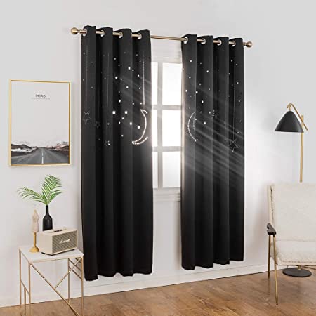 MANGATA CASA Kids Star Blackout Curtains Grommet Thermal 2 Panels for Bed Room,Cutout Galaxy Window Curtain Darkening Drapes for Nursery Living Room(Black 52x84in)