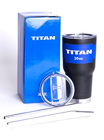 Titan Premium Stainless Steel Double Wall Vacuum Insulated Tumbler Bundle with 2 Lids (Spill-Proof and Sip), 2 Stainless Steel Straws, and Cleaning Brush