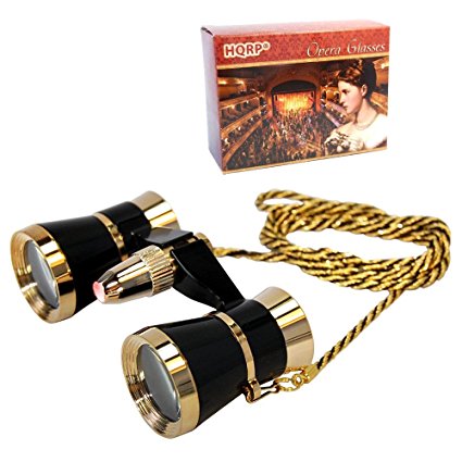 HQRP Theater Glasses Binoculars with Red Reading Light / Black with Gold Trim w/ Necklace Chain