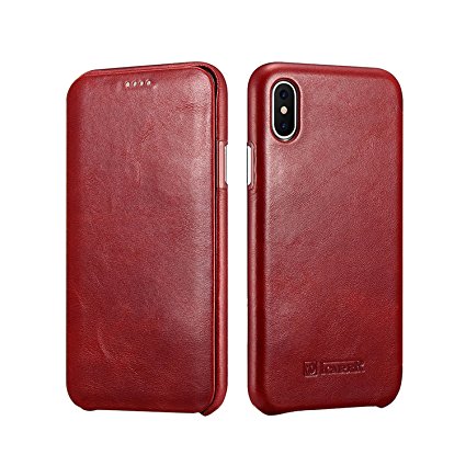 iPhone X Leather Case,RUIHUI Genuine Vintage Leather Side Open Case in Slim Thin Design, Flip Folio Style Cover with Magnetic Closure for Apple iPhone X 2017 Release (2-Red)