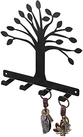 MyGift 4-Hook Matte Black Tree of Life Design Wall Mounted Entryway Key Hook Rack