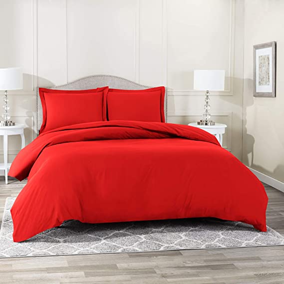 Nestl Bedding Duvet Cover with Fitted Sheet 4 Piece Set - Soft Double Brushed Microfiber Hotel Collection - Comforter Cover with Button Closure, Fitted Sheet, 2 Pillow Shams, Queen - Cherry Red