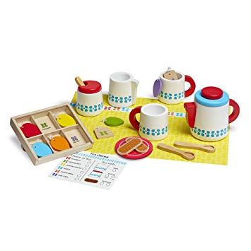 Melissa & Doug Wooden Steep & Serve Tea Set (Pretend Play, All-Wood Tea Service, Brightly coloured Tags, 30.48 cm H x 38.1 cm W x 8.89 cm L)