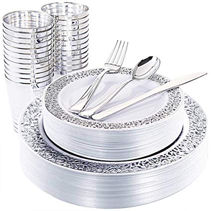 WDF 25Guest Silver Plastic Plates with Disposable Plastic Silverware&Silver Rim Cups- include 25 Dinner Plates, 25 Salad Plates,25 Forks, 25 Knives, 25 Spoons&25 Plastic Cups