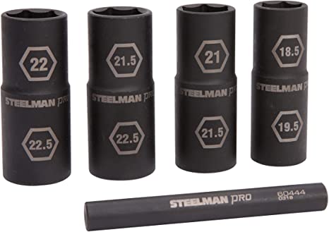 Steelman Pro 5-Piece 1/2-Inch Drive Metric 6-Point Thin Wall Impact Flip Socket and Knockout Bar Set with Half Sizes (18.5 x 19.5mm, 21 x 21.5mm, 22 x 22.5mm, and 21.5 x 22.5mm Sockets)