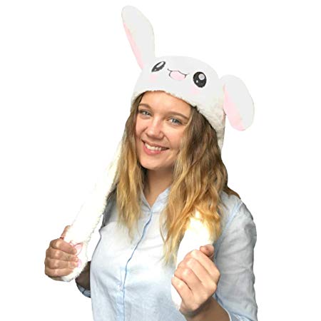 JSVER Funny Plush Bunny Hat/Cute Animal Hat/Rabbit Hat with The Ears Popping Up When Pressing The Paws