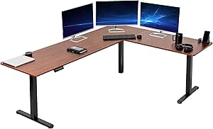 VIVO Electric Height Adjustable 84 x 63 inch Corner Stand Up Desk, Dark Walnut Table Top, Black Frame, L-Shaped Standing Workstation, 3CT Series, DESK-E3CTBD-84