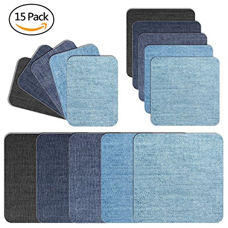 GiBot 15pcs Iron on Denim Patches Sewing On Repair Patches for DIY Jeans Clothes Jackets Bags, 5 Colors Blue and 3 Size (5x5 inch,3x3 inch,3x2 inch)