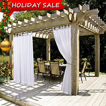 White Outdoor Curtain and Drape for Pergola - NICETOWN Lightweight Mildew Resistant Tab Top Sheer Voile Panel with Rope Tie Back (1 Pack, 54 Inch Wide by 108 Inch Long, White)