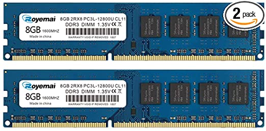 ROYEMAI 16GB Kit (2x8GB) DDR3 / DDR3L 1600MHz UDIMM, PC3 / PC3L-12800 UDIMM 1.35V/1.5V CL11 2RX8 Non ECC Unbuffered Dual Rank 240 Pin Desktop RAM Computer Memory Module