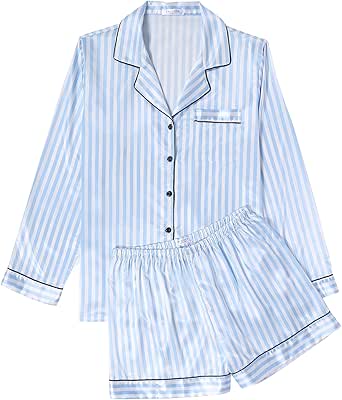 Ekouaer Silk Pajamas Womens Long Sleeve Sleepwear Soft Satin Button Down Loungewear 2 Piece Pjs Shorts Set S-XXL