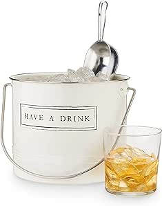 Twine Have A Drink White Enameled Metal Ice Bucket & Scoop for Parties - Wine Bottle And Beer Bottle Bucket in 1 Gallon