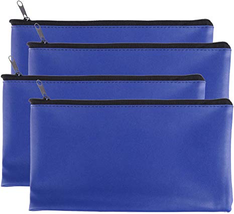 Zipper Bank Bags,4 Pack Money Pouch Bank Deposit Bag PU Leather Cash and Coin Pouch Bank envelopes with Zipper (Blue)