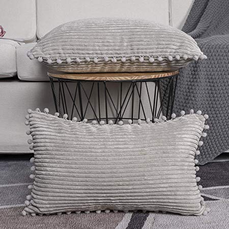 Madizz Pack of 2 Cozy Pom-poms Fringe Corduroy Throw Pillow Covers with Tassels Decorative Soft Flush Cushion Case Pillow Shell for Sofa Bedroom Light Grey 12x20 inch Rectangular