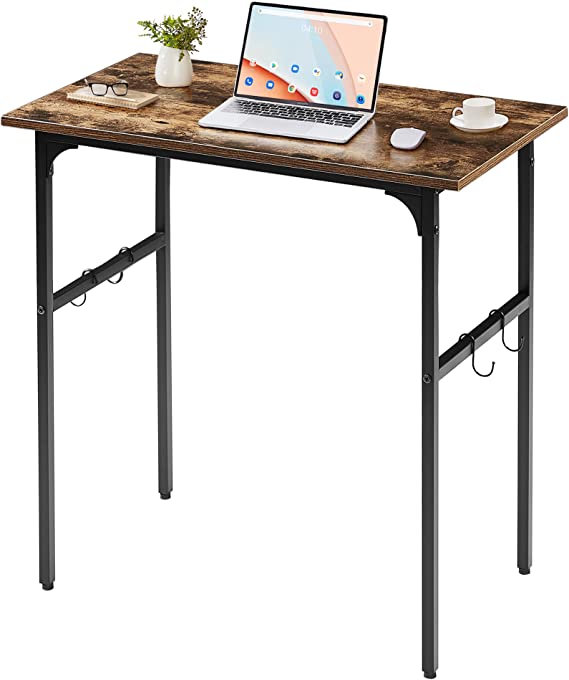 VECELO 32" Computer Writing Desk for Home Office, Study Table Workstation for Small Spaces with 4 Hooks & Adjustable Legs, Metal Frame, Retro Brown, Basic