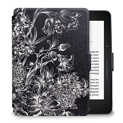 WALNEW Kindle Voyage Colorful Painting Leather Case Cover -- The Thinnest and Lightest PU leather Case Cover for the Latest Amazon Kindle Voyage with 6" Display and Built-in Light (Black Flower, kindle Voyage)
