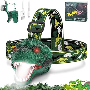 Dinosaur Headlamp for Kids Flashlight Rechargeable Led Headlights Roar & Silent Mode, T-Rex Dinosaur Toys, Camping Gear, Gifts for Boys Girls Adults